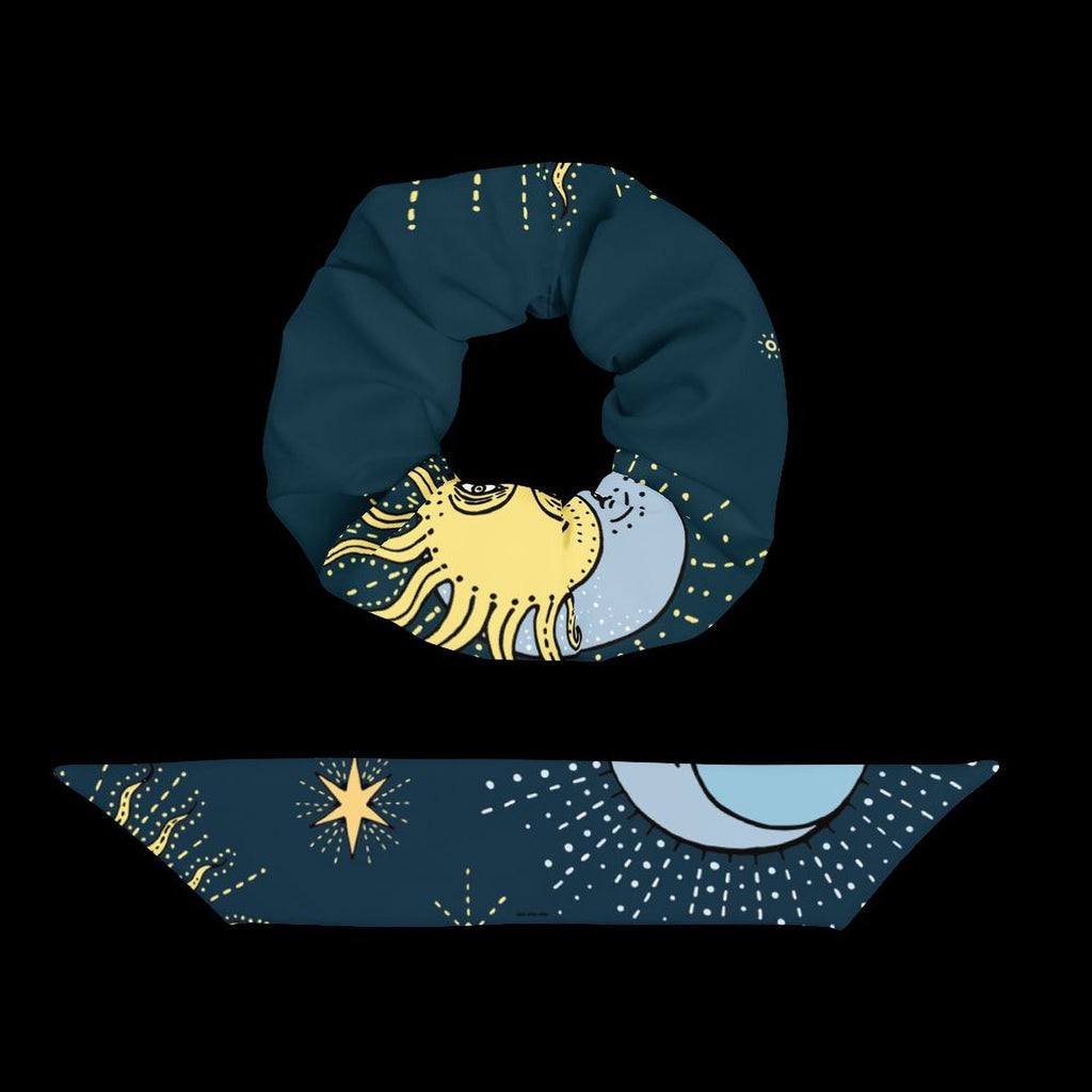 a blue and yellow patterned scarf with a sun and moon design, along with a blue and white patterned scarf with a star and moon design.