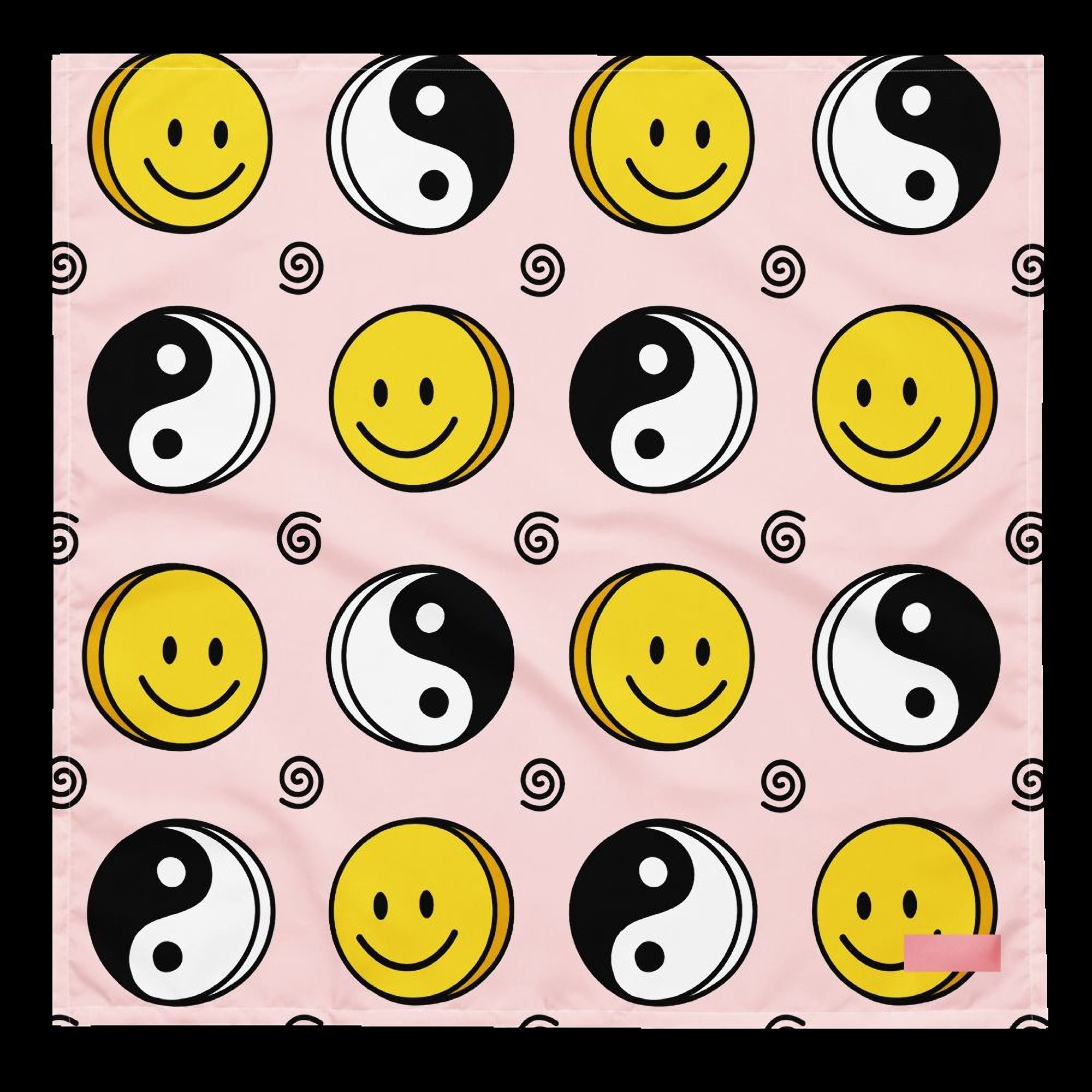 a repeating pattern of smiling and yin-yang symbols on a pink background.