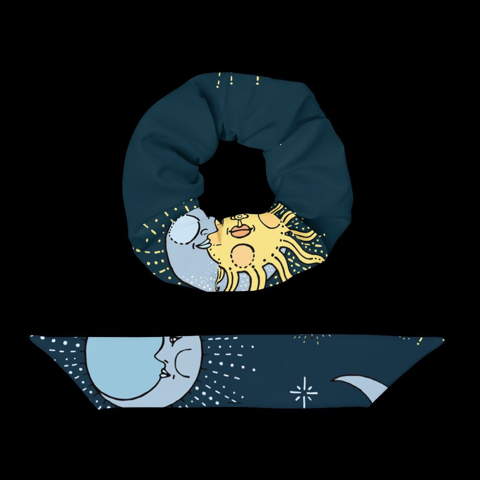 a blue and yellow scarf with a moon and sun design, along with a blue and white scarf with a moon and star design.