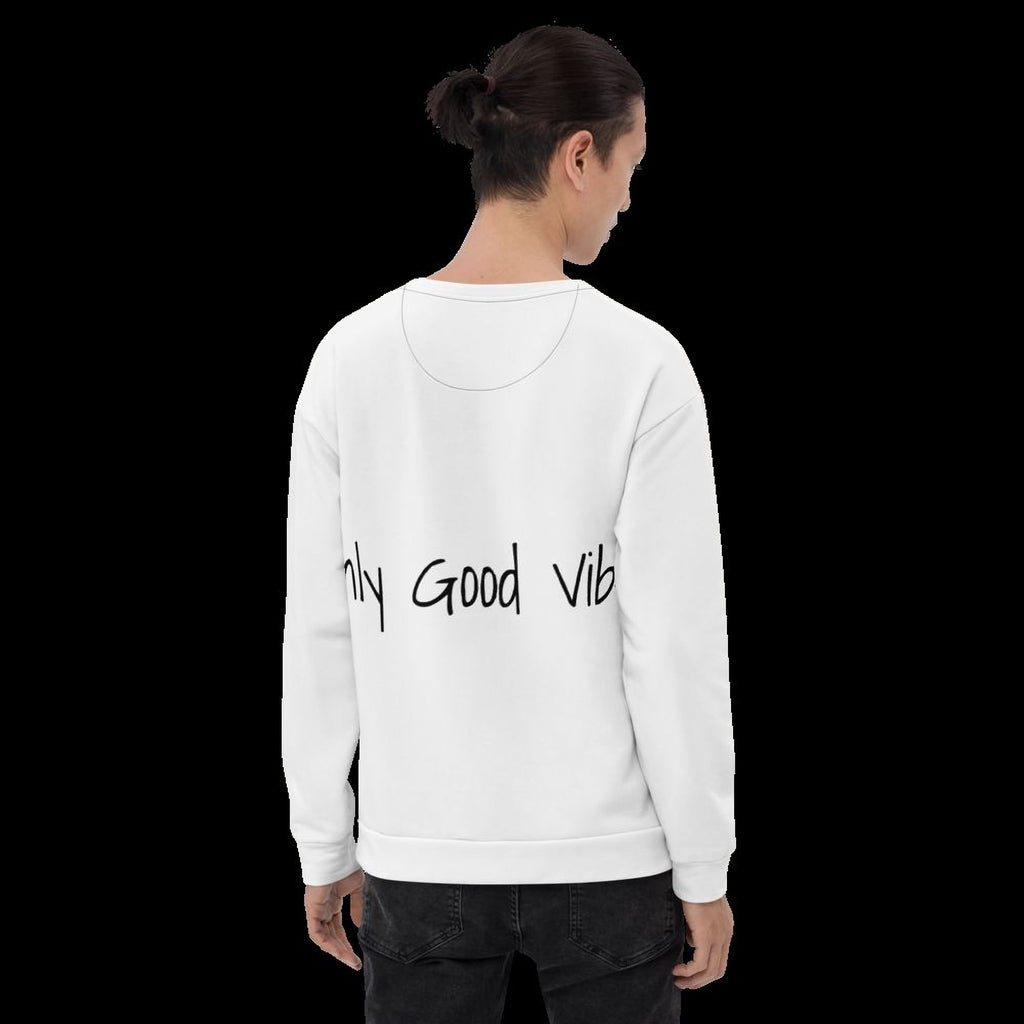 A person wearing a white sweatshirt with the text "Only Good Vib" printed on the back.