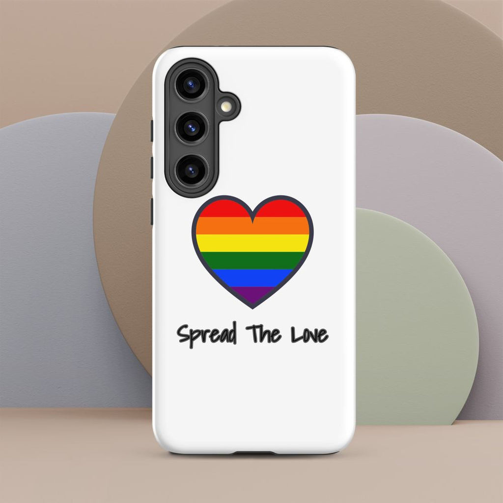 A white phone case with a rainbow heart symbol and the text "Spread The Love" printed on it.