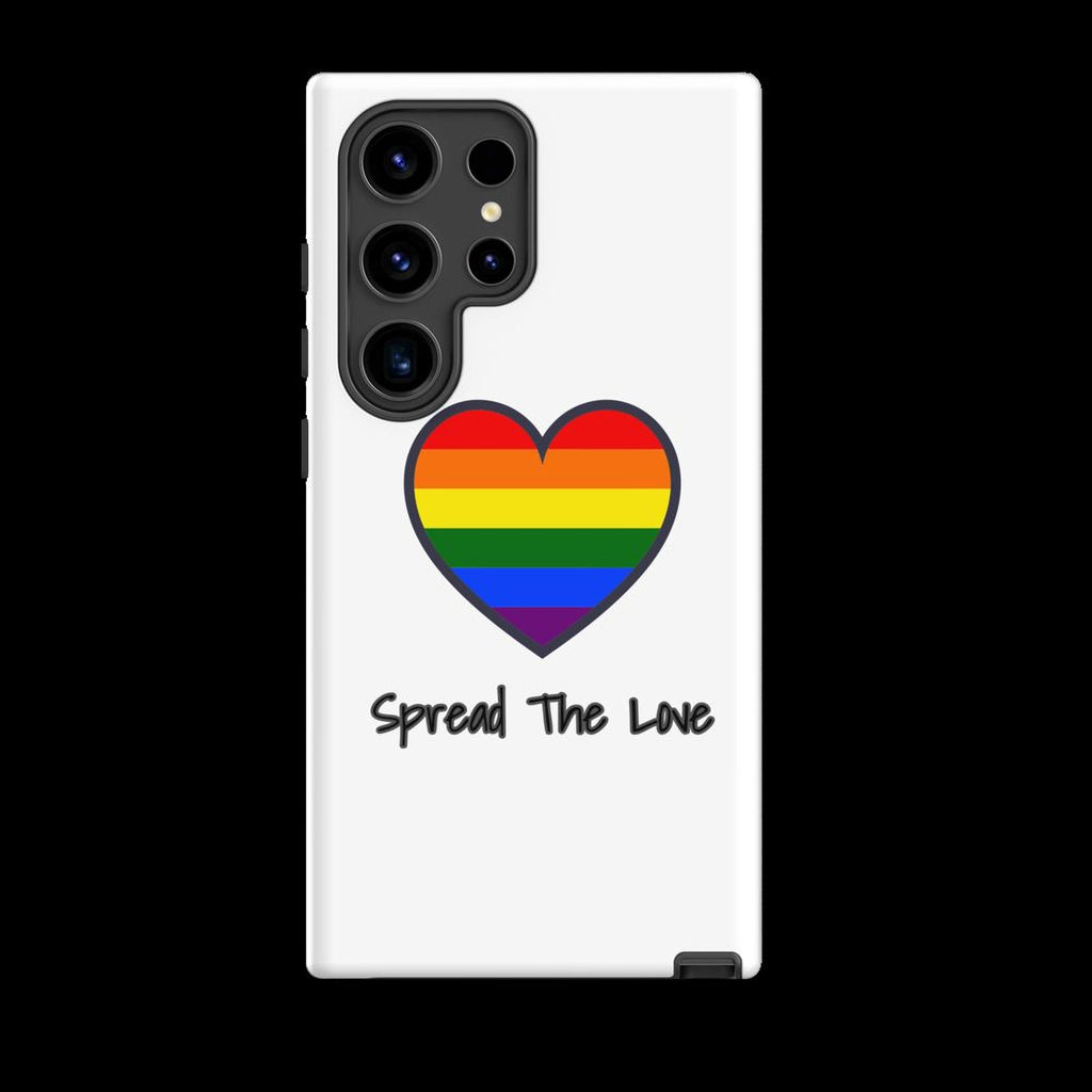 a white phone case with a heart-shaped design and the text "Spread The Love" printed on it.