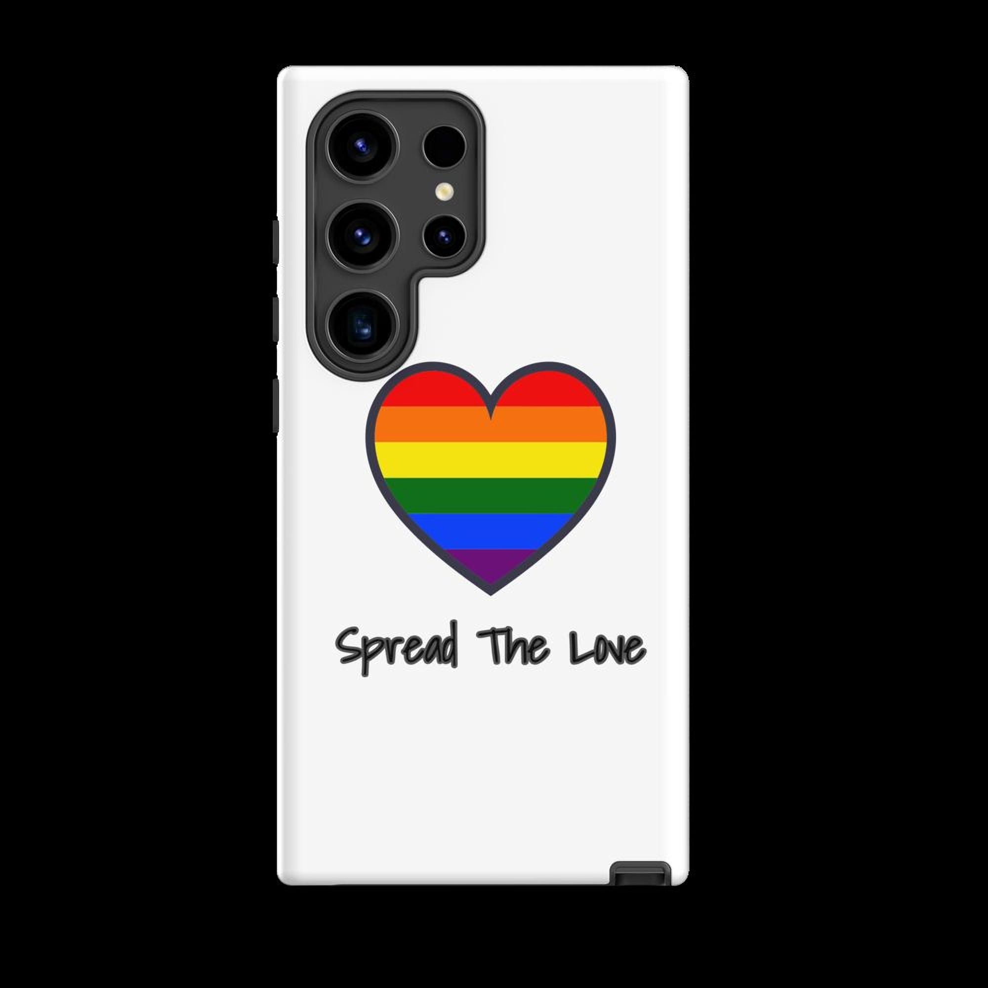 a white phone case with a heart-shaped design and the text "Spread The Love" printed on it.