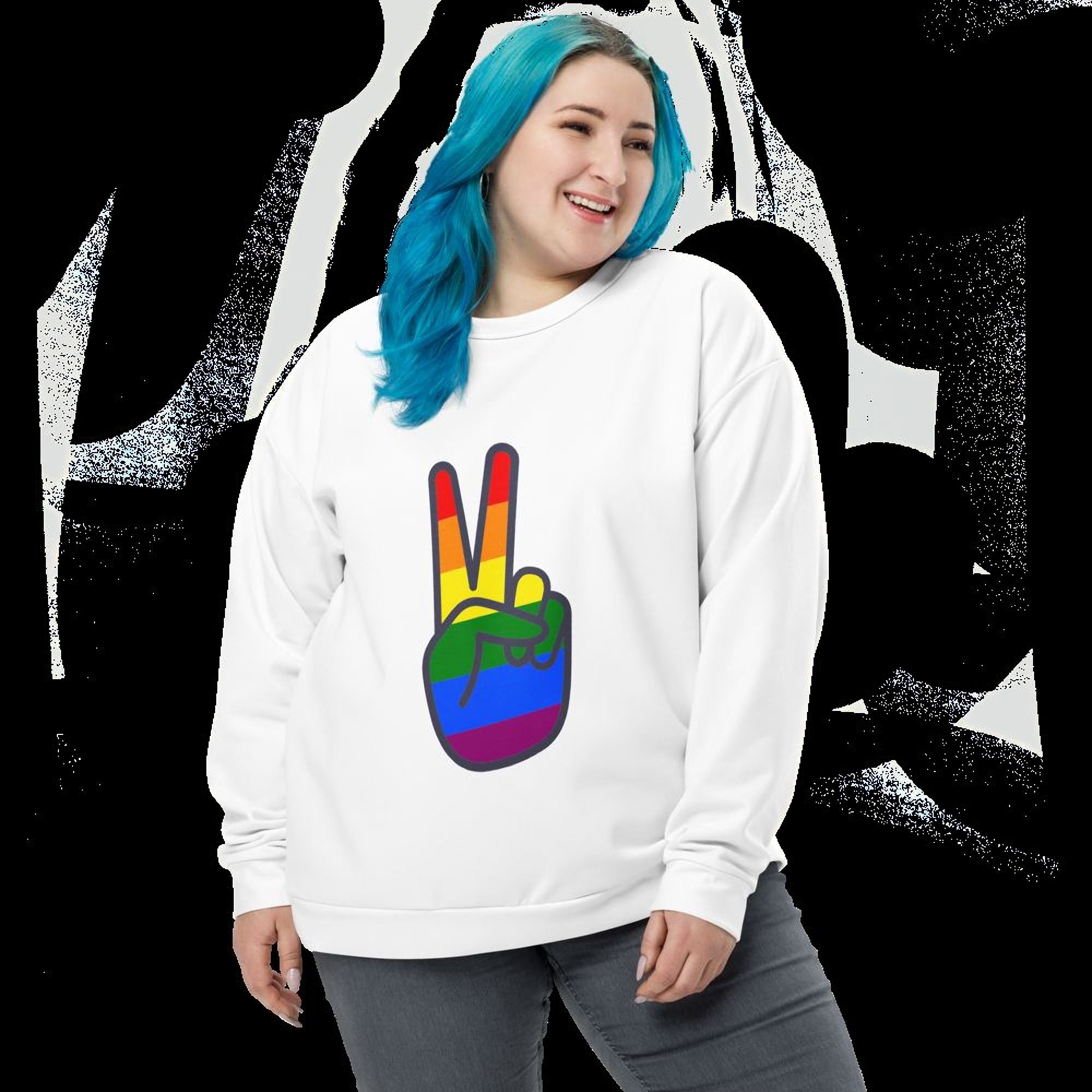 A woman with blue hair is smiling and wearing a white sweatshirt with a peace sign graphic on it.