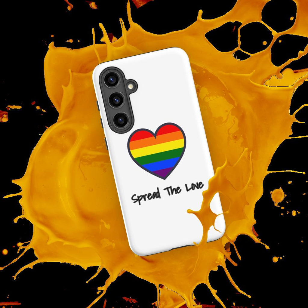 A white phone case with a rainbow heart symbol and the text "Spread The Love" printed on it, placed on a background of orange splatters.