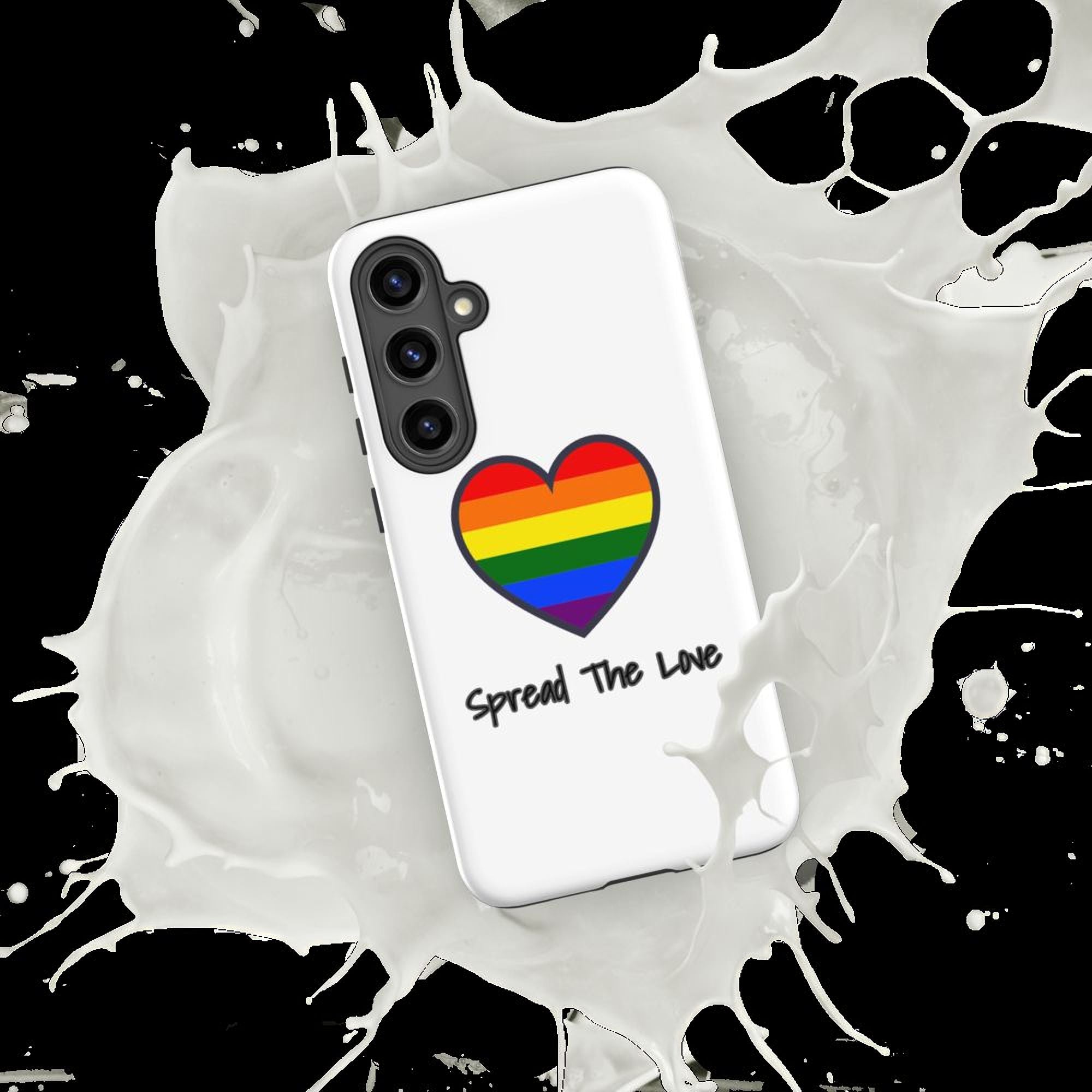 A white phone case with a rainbow heart symbol and the text "Spread The Love" printed on it, surrounded by a splash of white liquid.