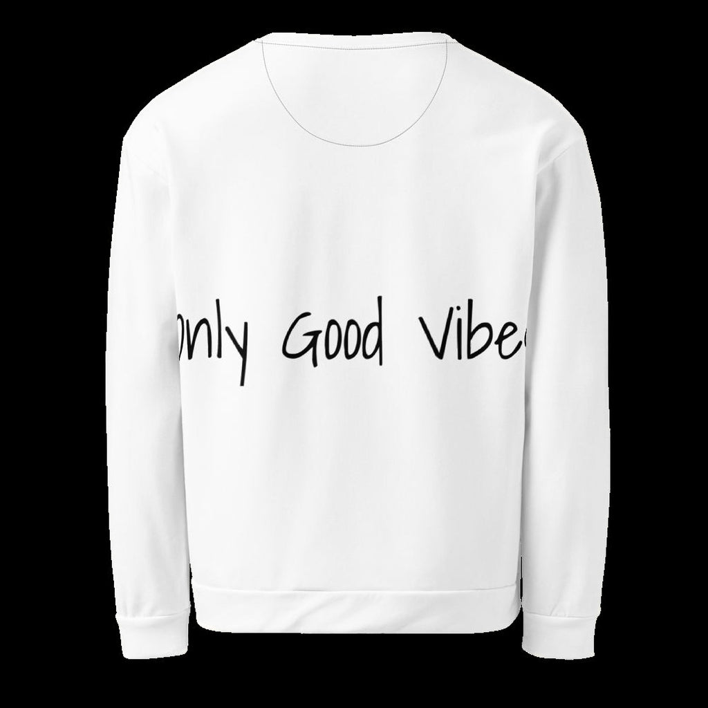 A white long-sleeved shirt with the text "Only Good Vibes" printed on it.