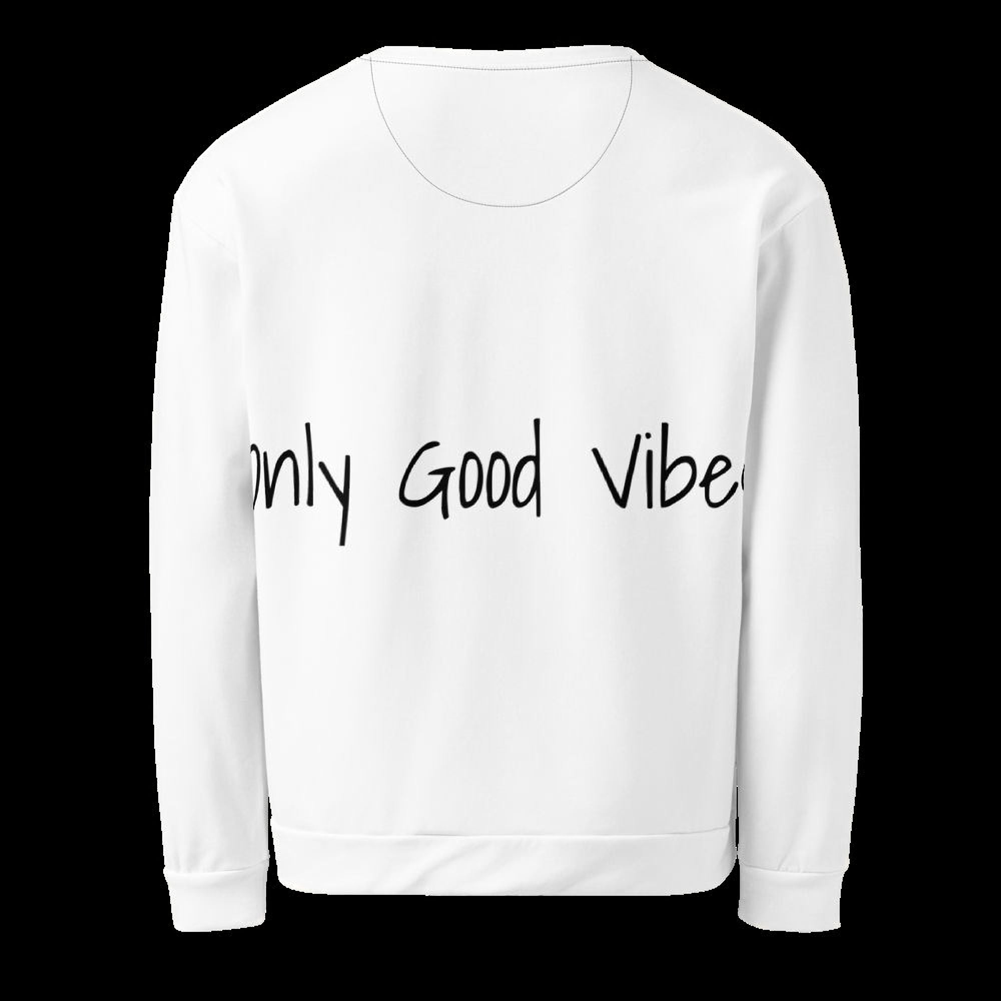 A white long-sleeved shirt with the text "Only Good Vibes" printed on it.