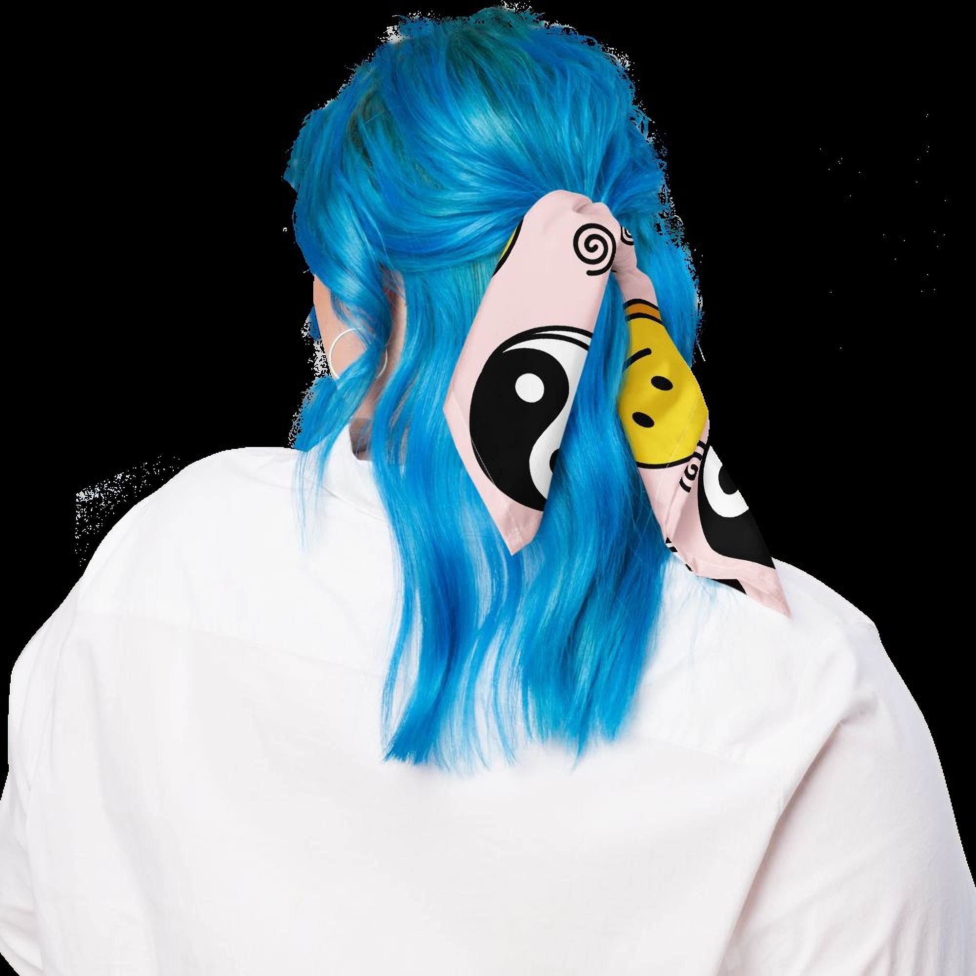 a person with blue hair styled in a ponytail, wearing a white shirt and a scarf with a black and yellow design.